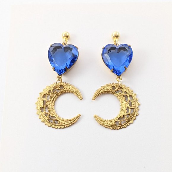 Blue Crystal Heart & Moon Earrings - Picture 2 of 3